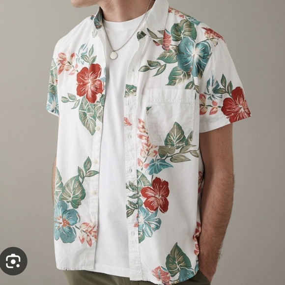 American Eagle Outfitters White Tropical Button-Up Shirt - Picture 1 of 11